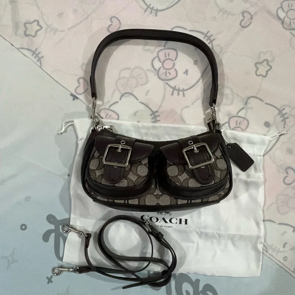 Coach Brown Signature Canvas Double Pocket Shoulder Bag with Dark Leather Trim